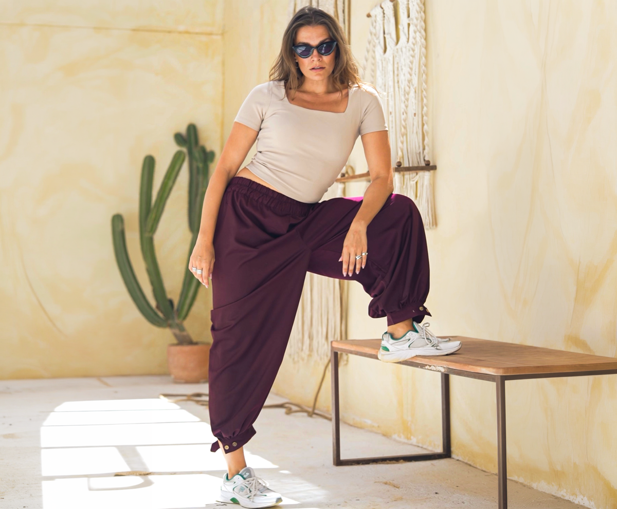 Debaj Burgundy Ballon Pants styled for refined women’s outfits