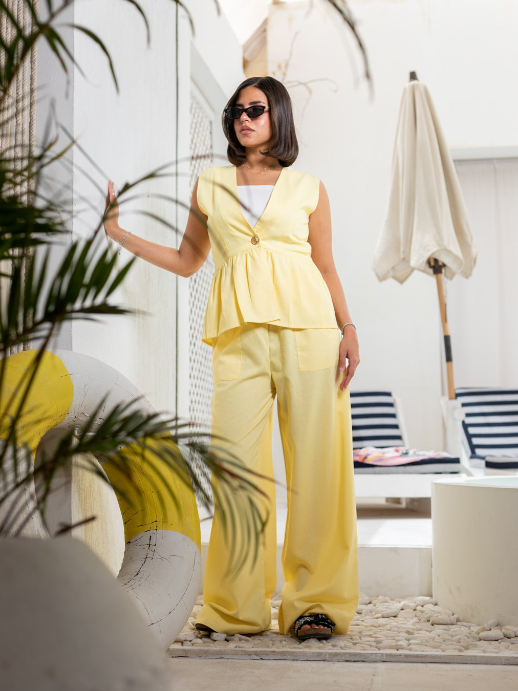 Yellow Cut Linen Set from Debaj, designed for graceful everyday styling