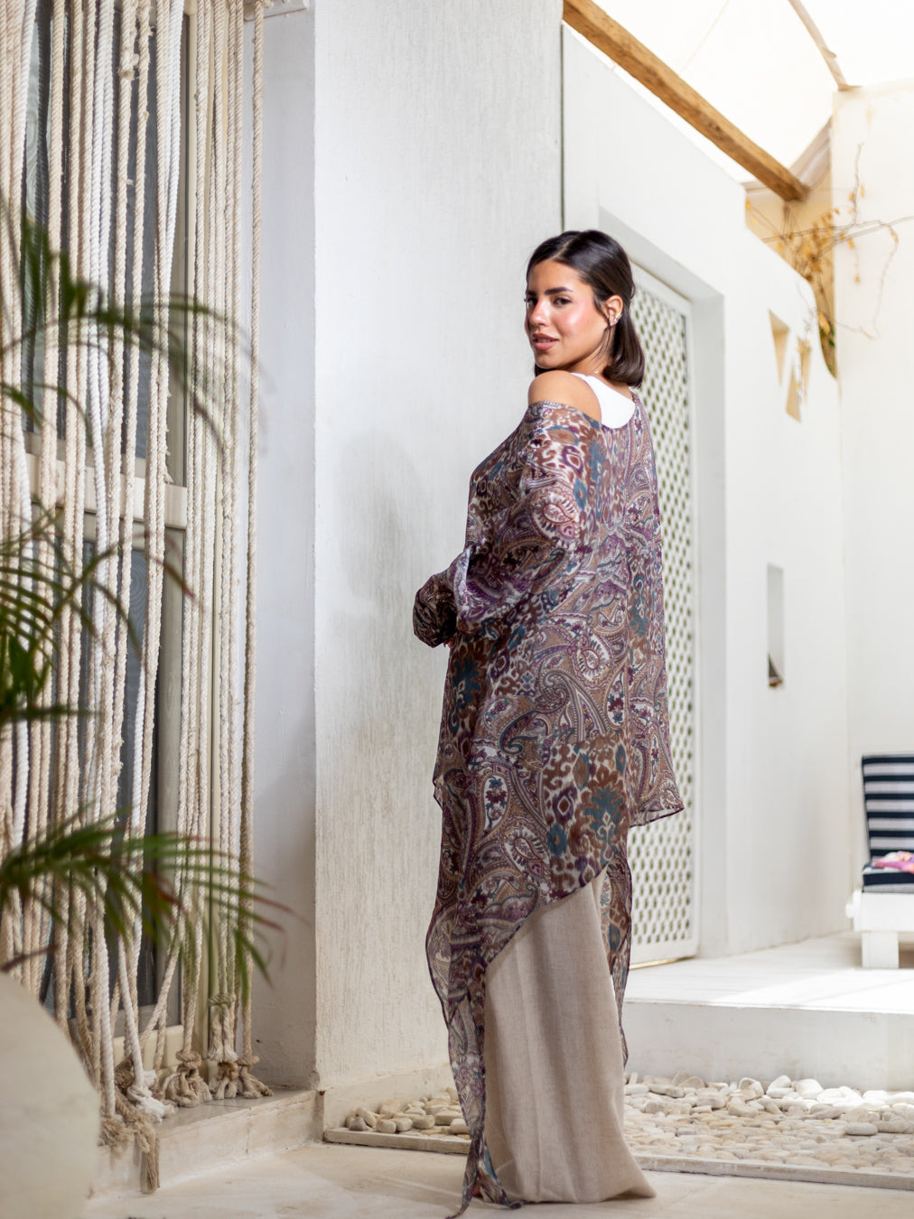 Debaj Purple Printed Linen Top styled for refined women’s outfits