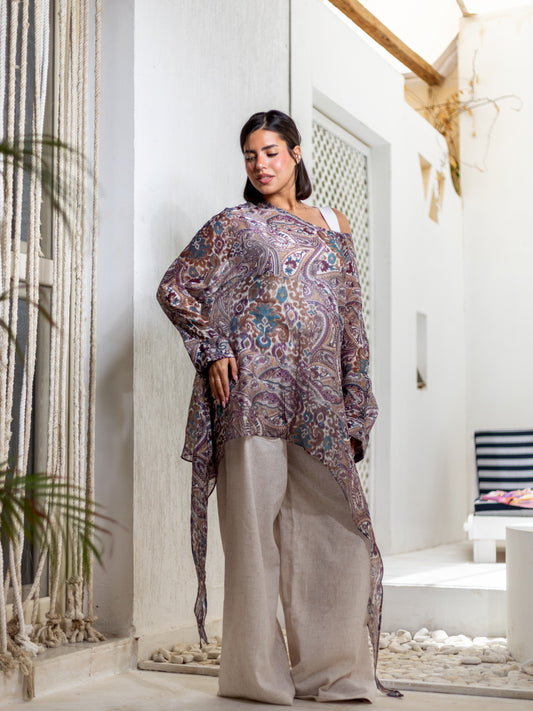 Purple Printed Linen Top by Debaj, elegant women’s top