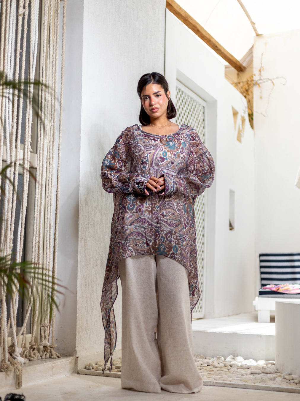 Purple Printed Linen Top from Debaj, designed for graceful everyday styling