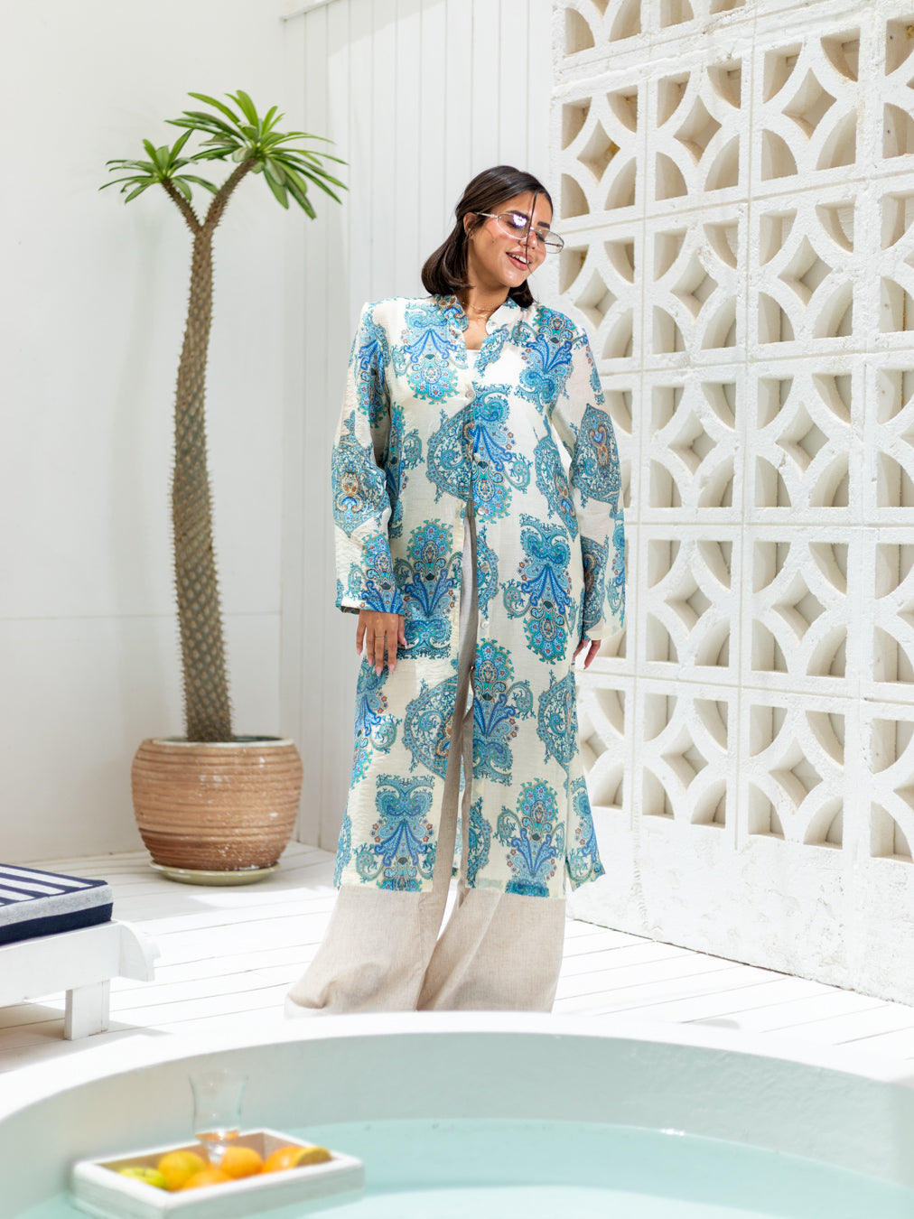 Long Blue Printed Linen Cardigen from Debaj, designed for graceful everyday styling