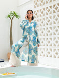 Long Blue Printed Linen Cardigen by Debaj, elegant women’s top