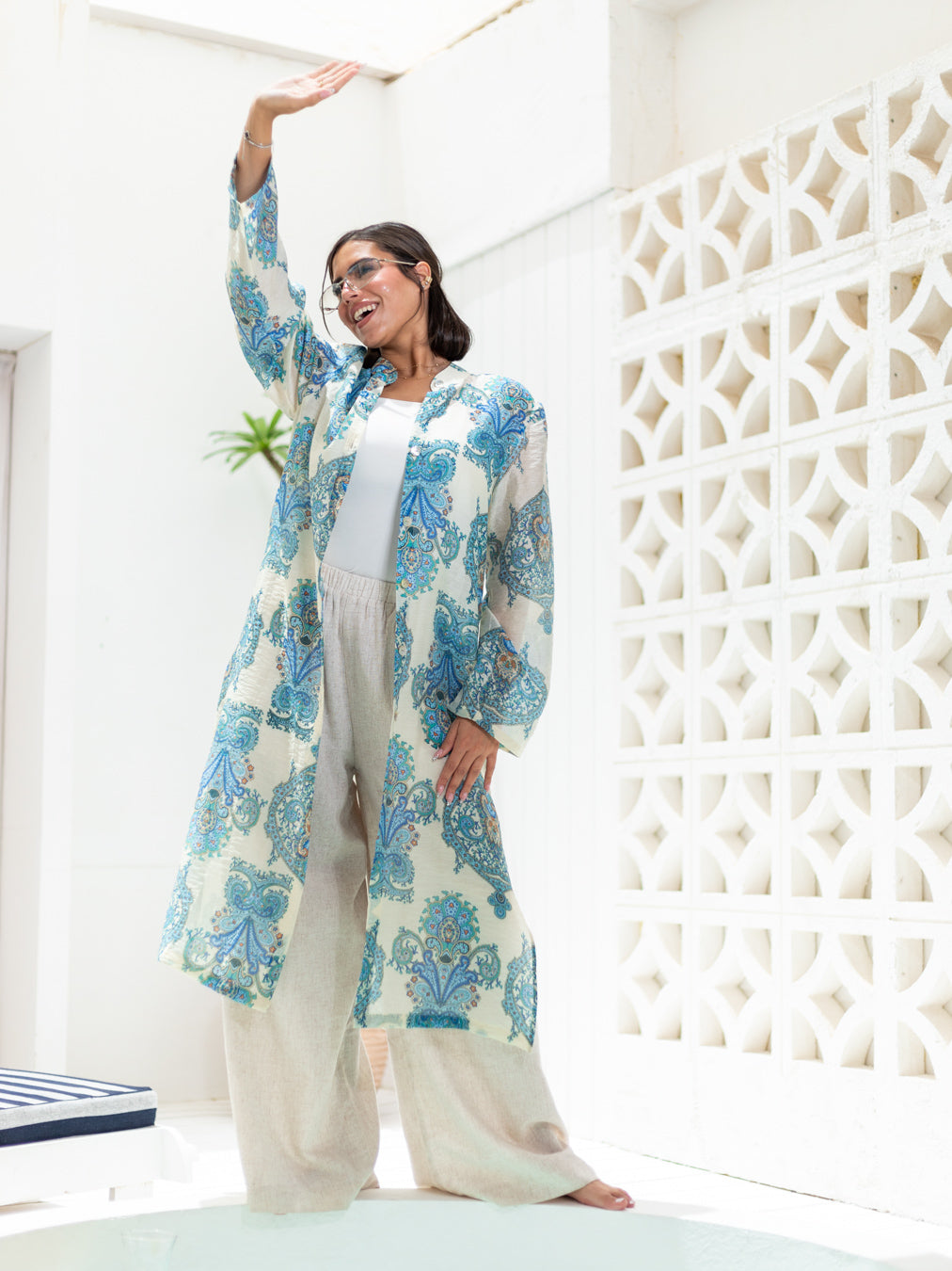 Debaj Long Blue Printed Linen Cardigen styled for refined women’s outfits
