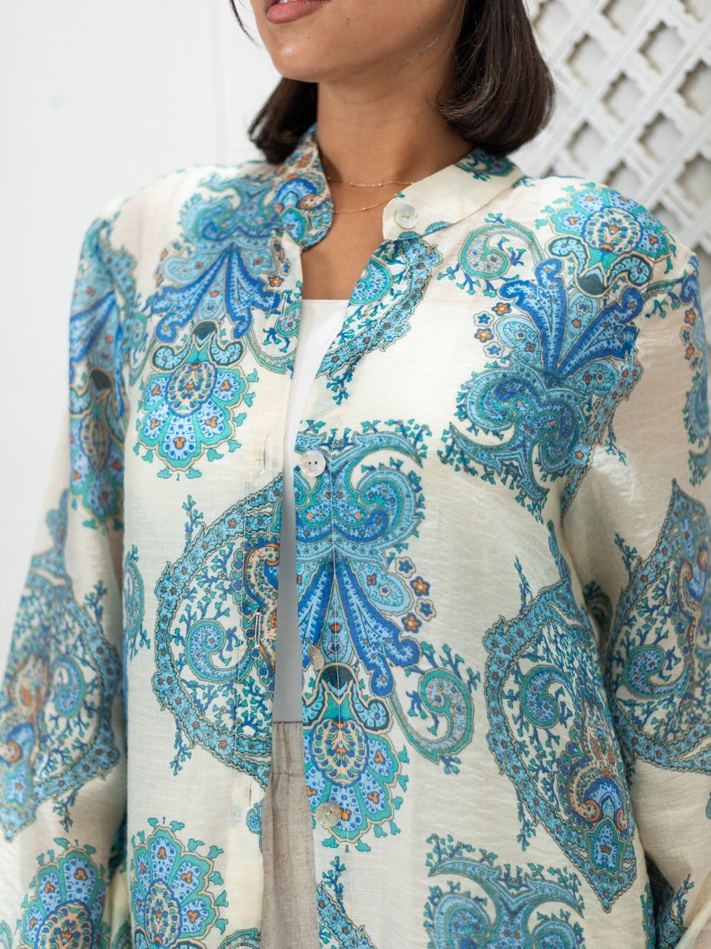 Long Blue Printed Linen Cardigen detail view from Debaj women’s top collection