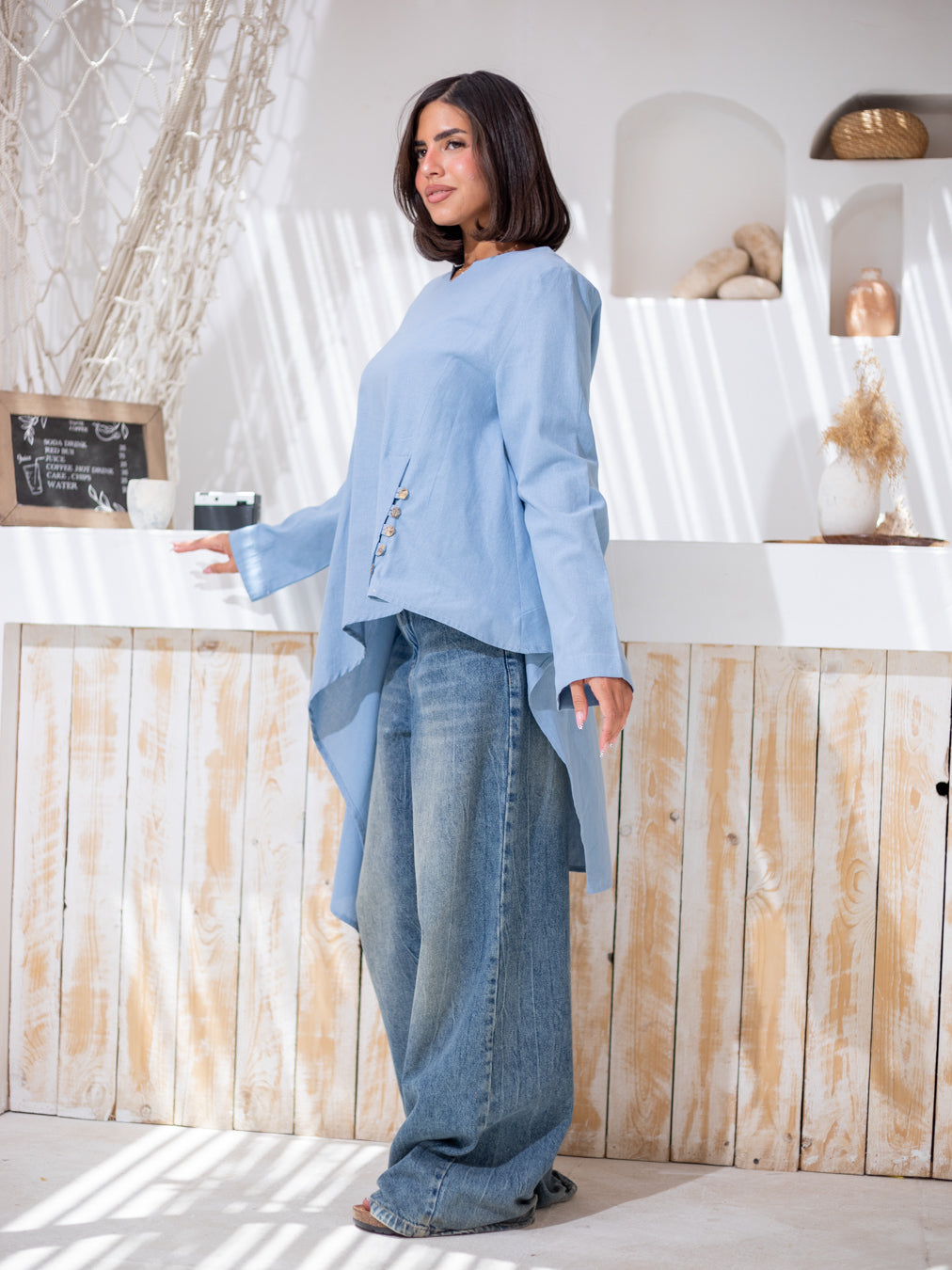 High Low Linen Top detail view from Debaj women’s top collection
