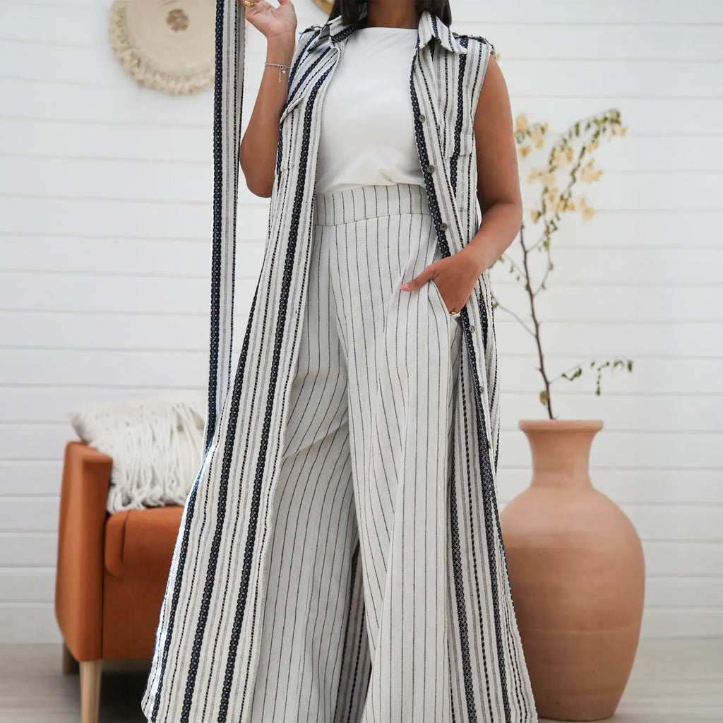 Navy Stripped Linen Set by Debaj, elegant women’s clothing set
