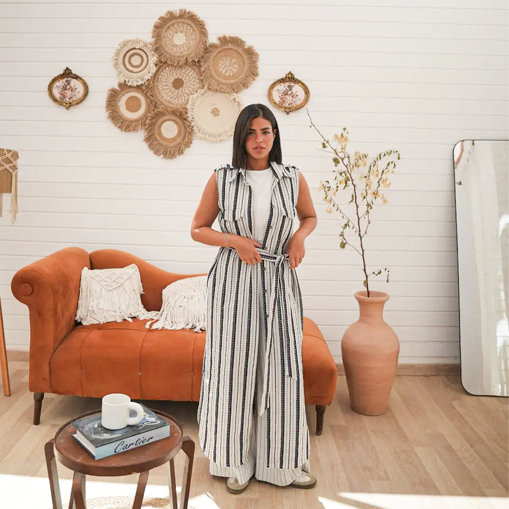 Debaj Navy Stripped Linen Set styled for refined women’s outfits
