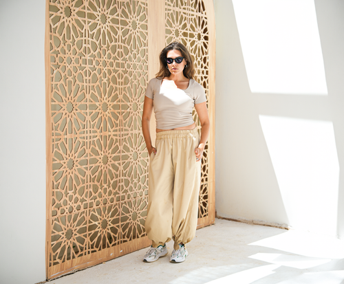 Beige Ballon pants by Debaj, elegant women’s bottoms