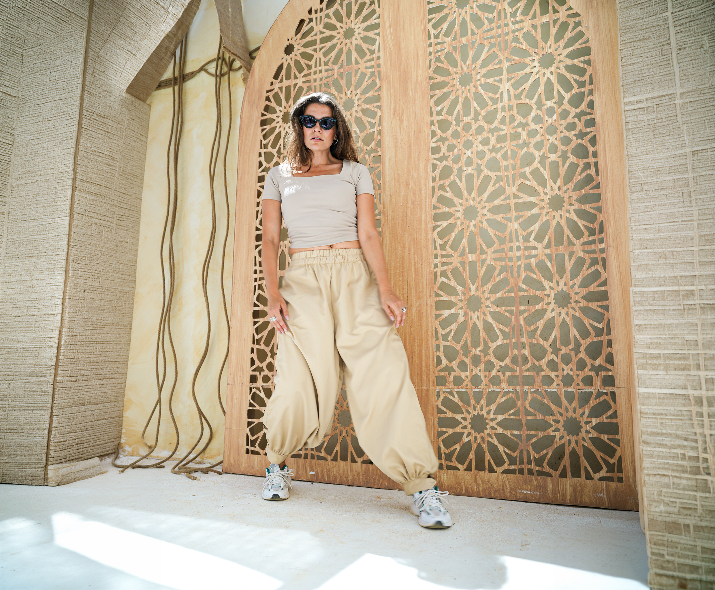 Beige Ballon pants detail view from Debaj women’s bottoms collection
