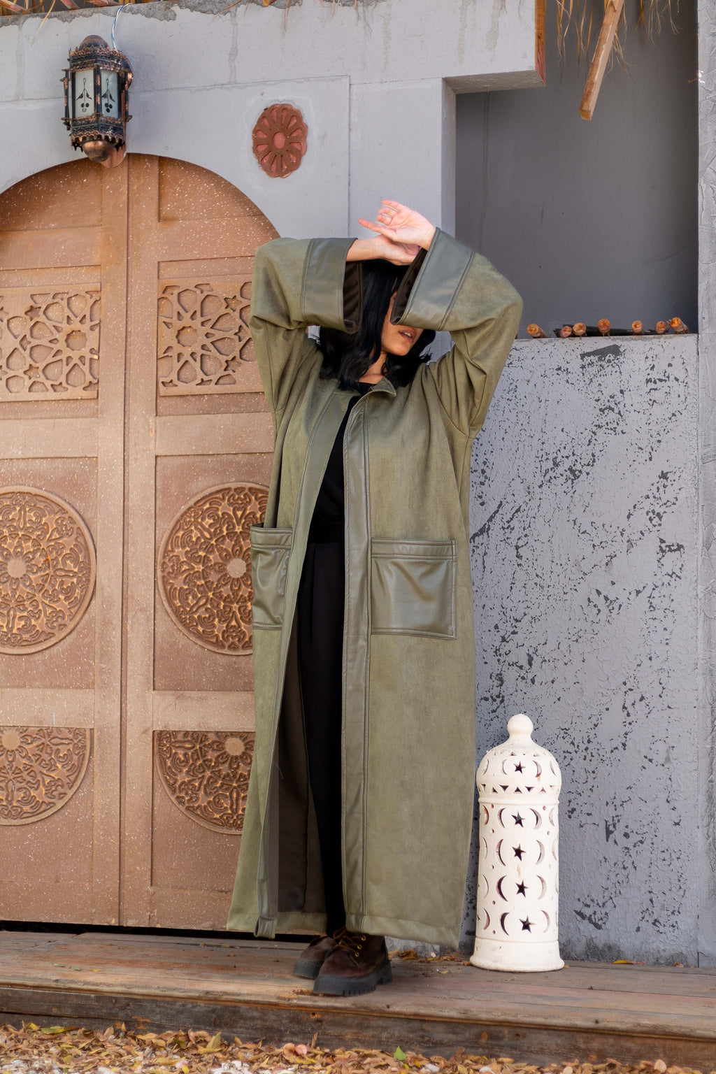 Debaj Olive Leather Kaftan styled for refined women’s outfits