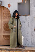 Olive Leather Kaftan by Debaj, elegant women’s kaftan