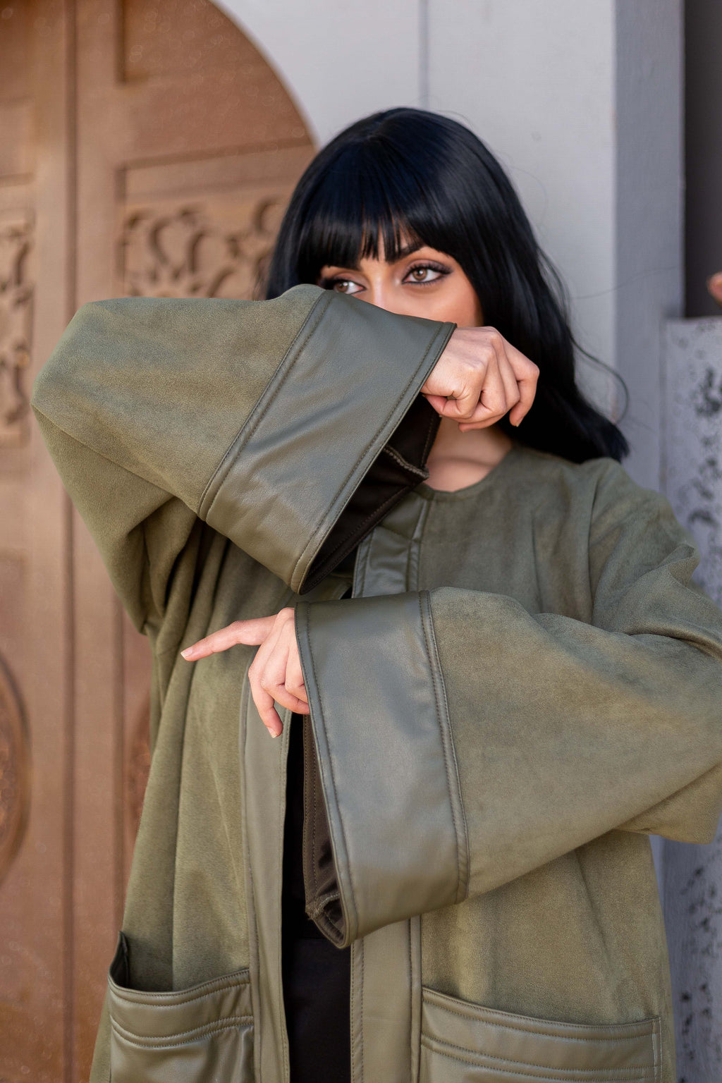 Olive Leather Kaftan from Debaj, designed for graceful everyday styling