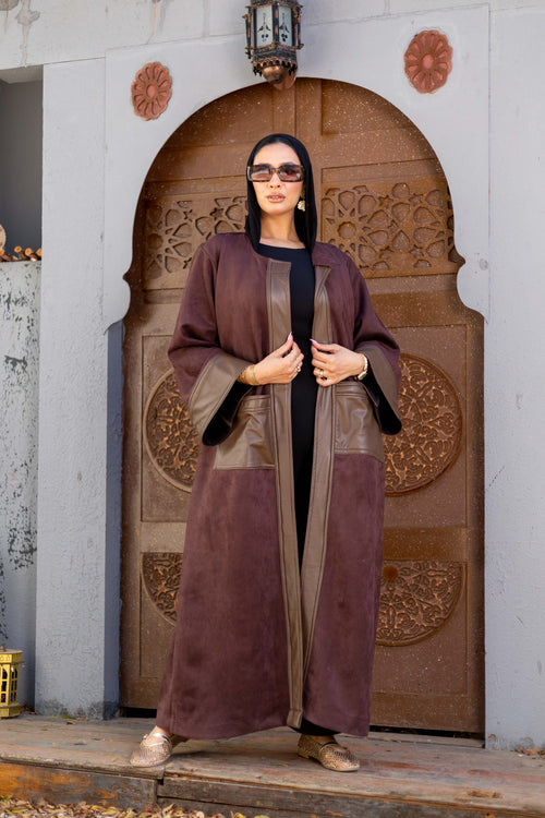 Brown Leather Kaftan by Debaj, elegant women’s kaftan