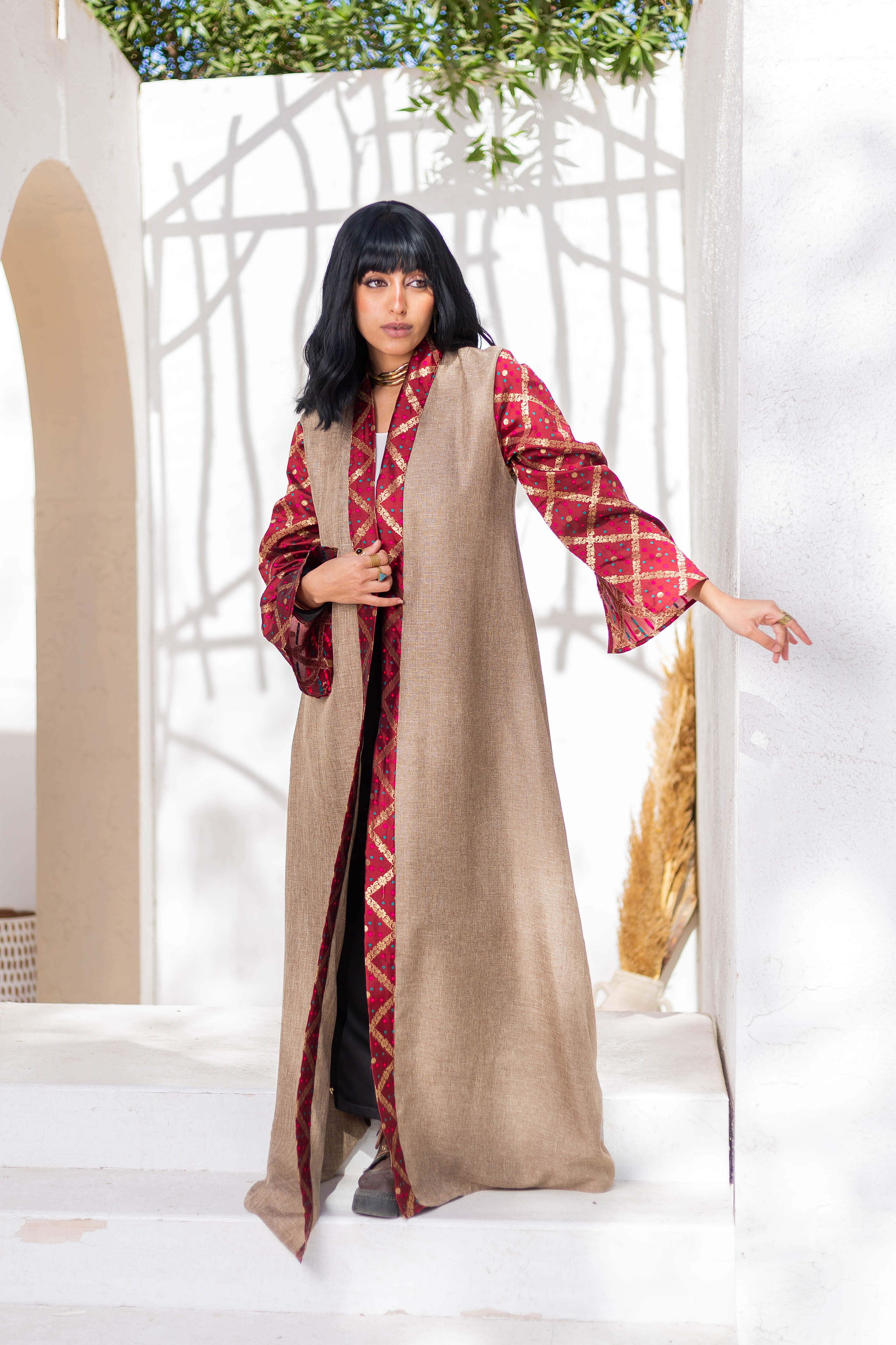 Burgundy Indian Kaftan by Debaj, elegant women’s kaftan