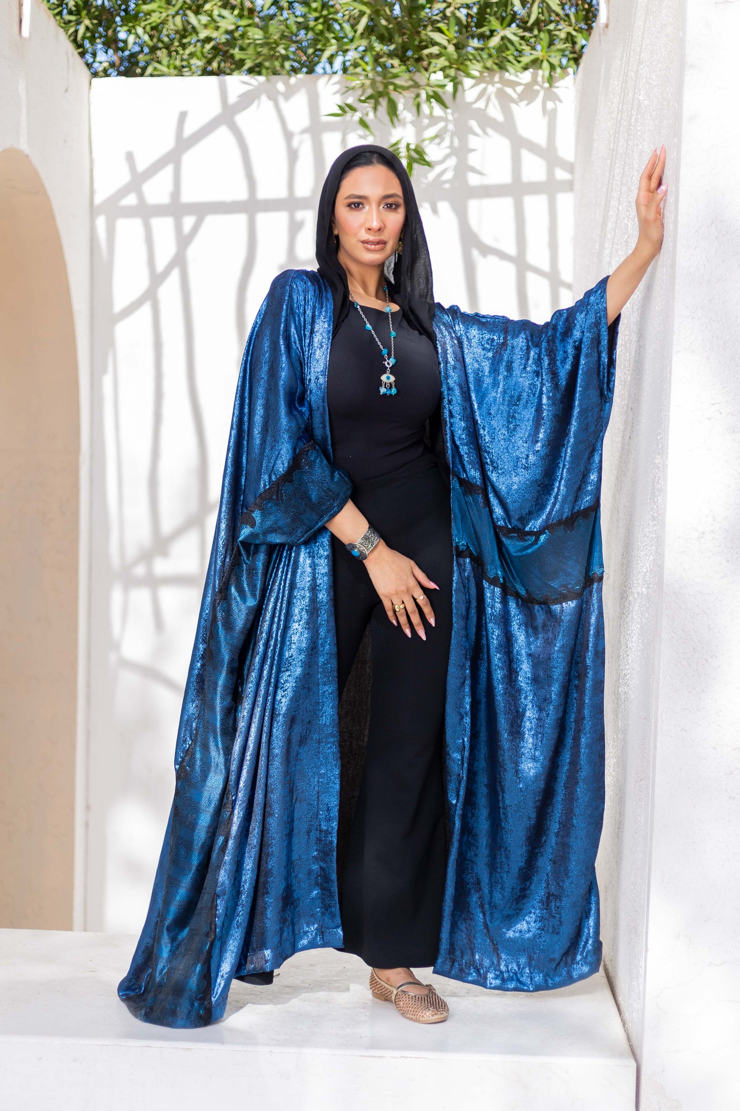 Blue Shimmering Kaftan detail view from Debaj women’s kaftan collection
