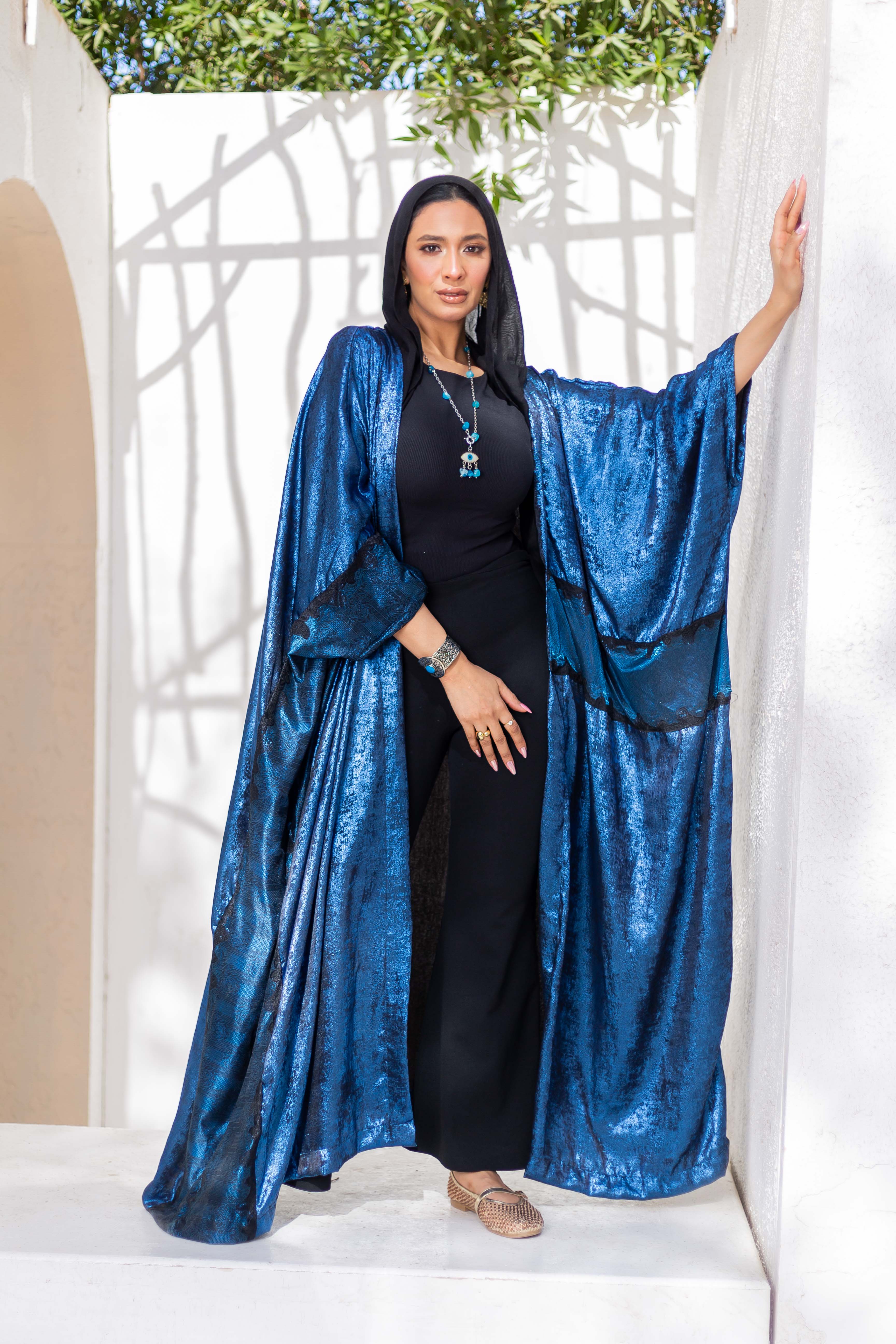 Blue Shimmering Kaftan detail view from Debaj women’s kaftan collection