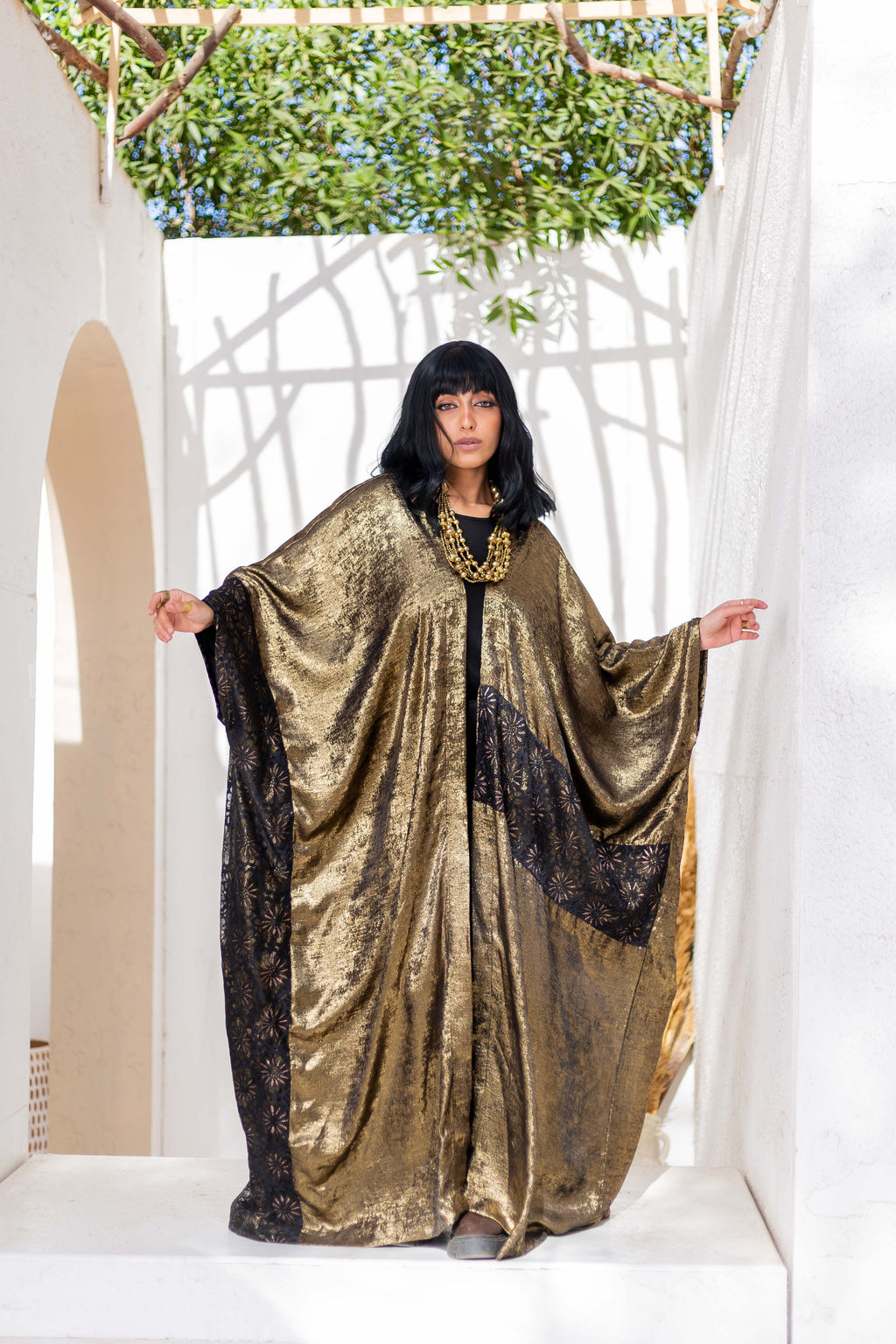 Gold Shimmering Kaftan detail view from Debaj women’s kaftan collection
