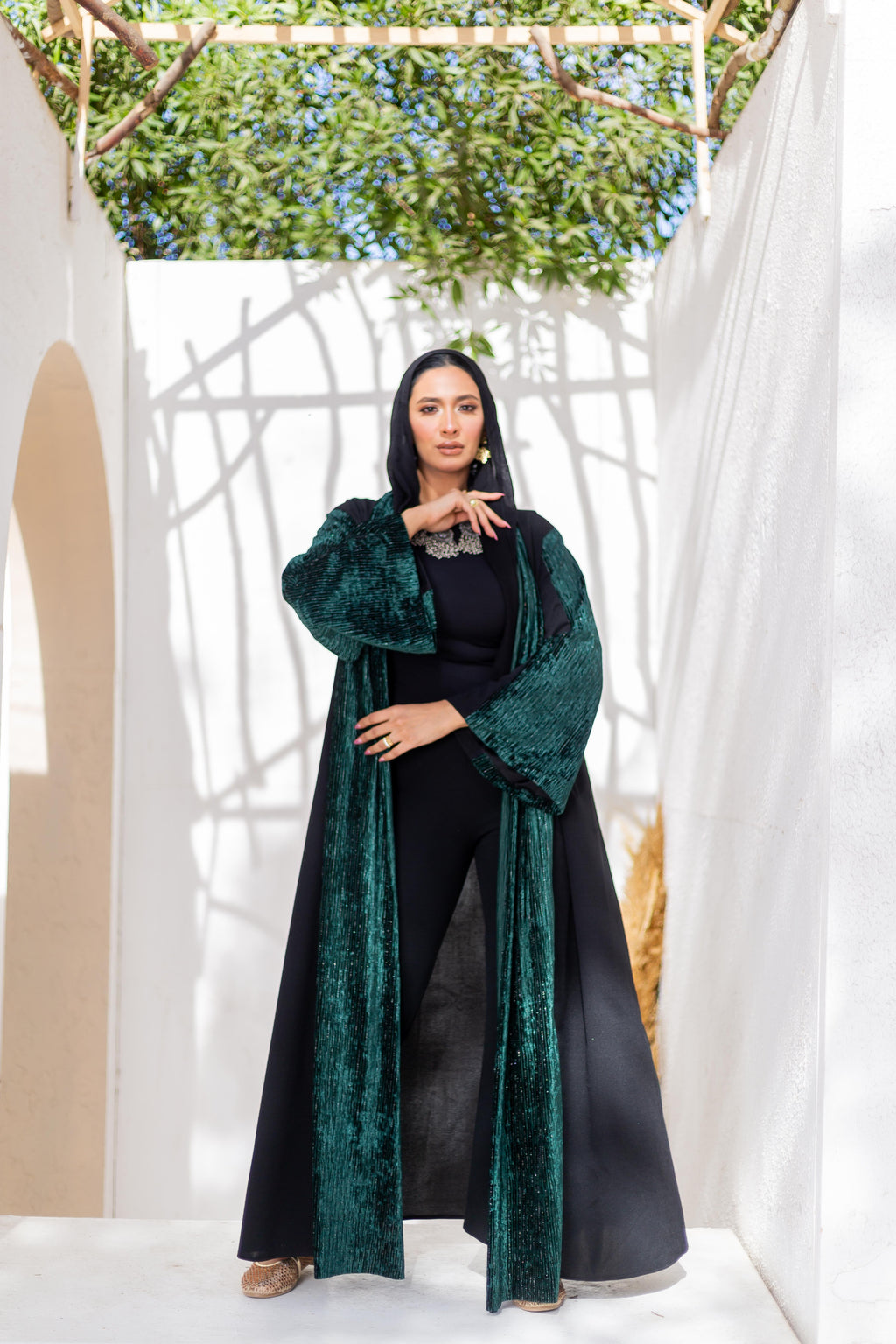 Green Velvet Plisse Kaftan detail view from Debaj women’s kaftan collection