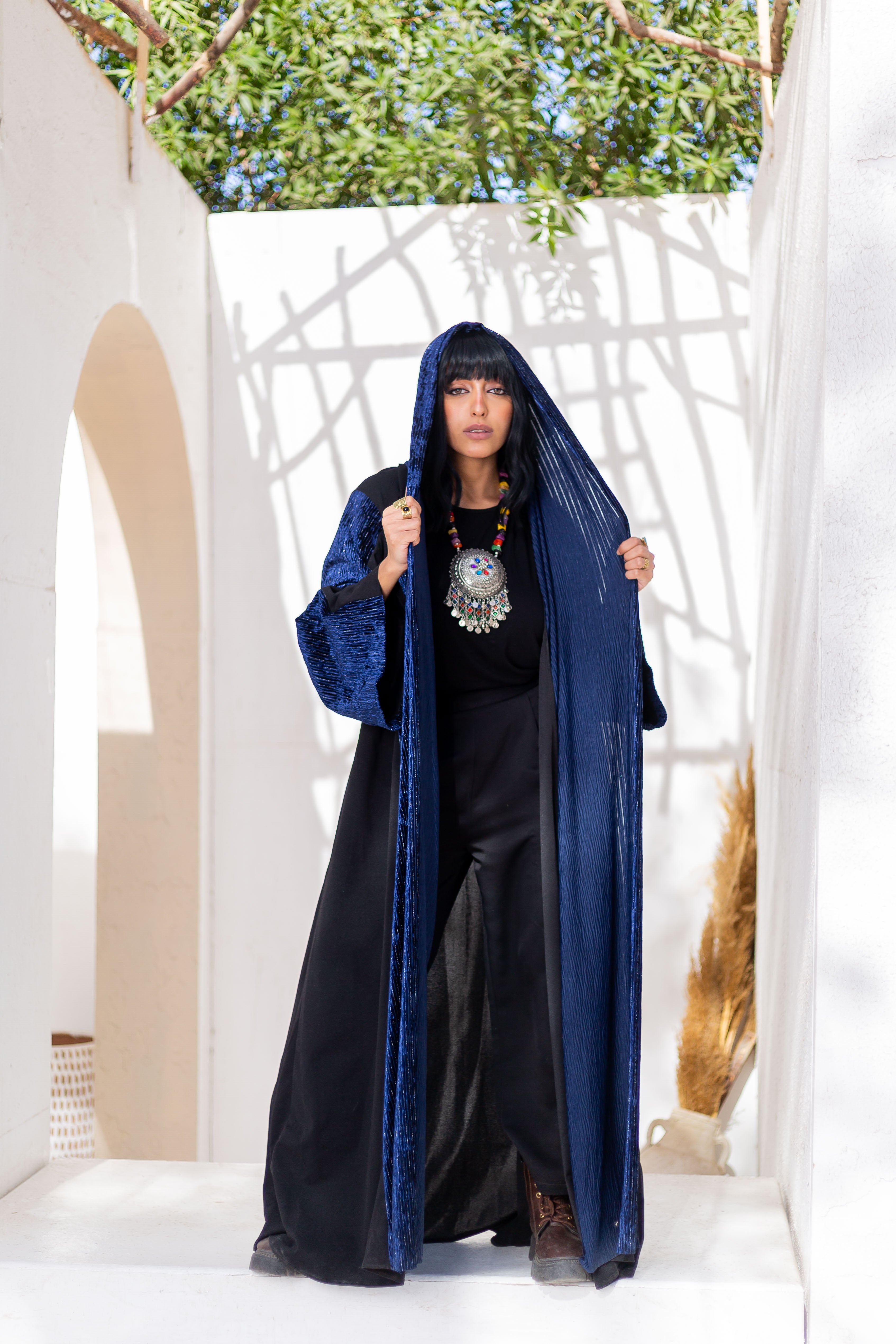 Navy Velvet Plisse Kaftan by Debaj, elegant women’s kaftan