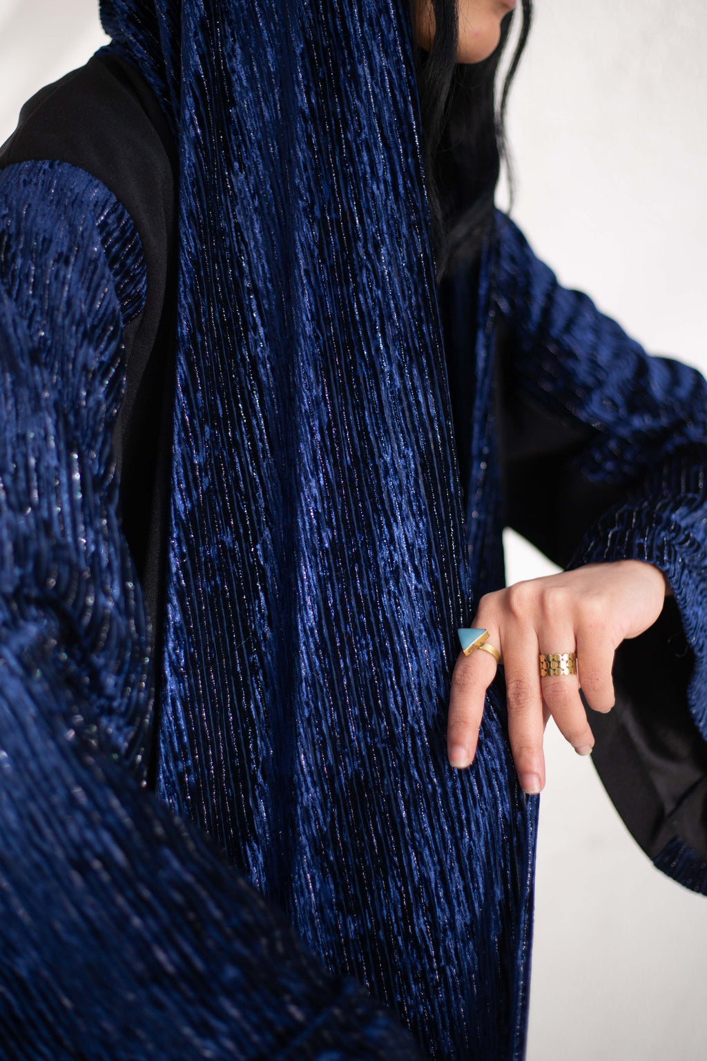Navy Velvet Plisse Kaftan detail view from Debaj women’s kaftan collection
