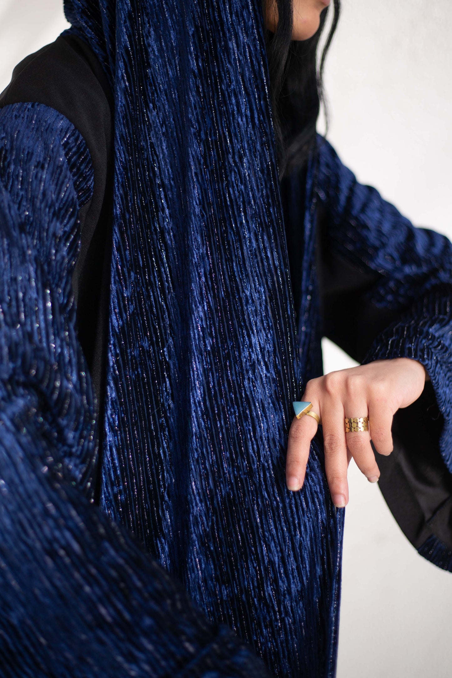 Navy Velvet Plisse Kaftan detail view from Debaj women’s kaftan collection