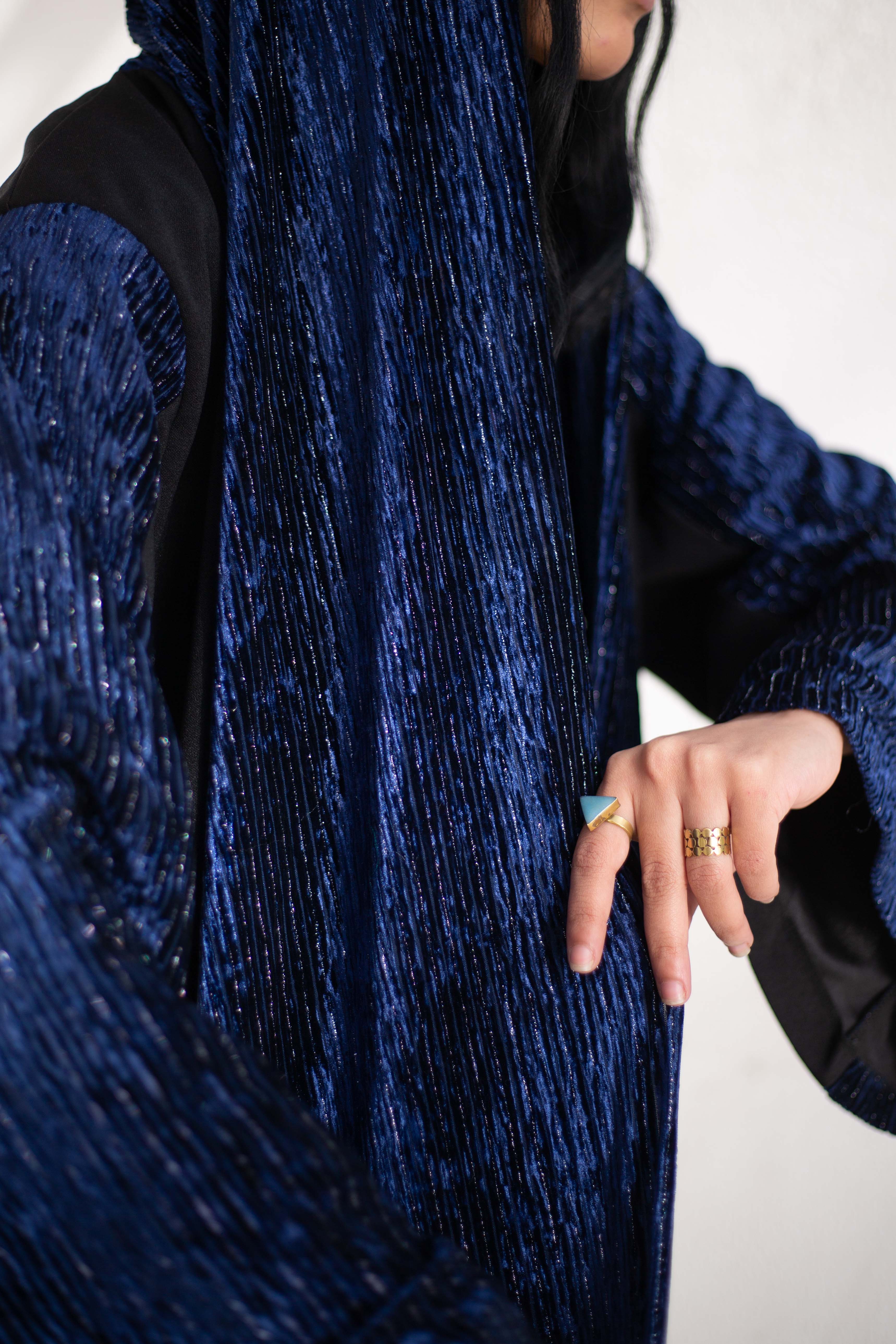 Navy Velvet Plisse Kaftan detail view from Debaj women’s kaftan collection