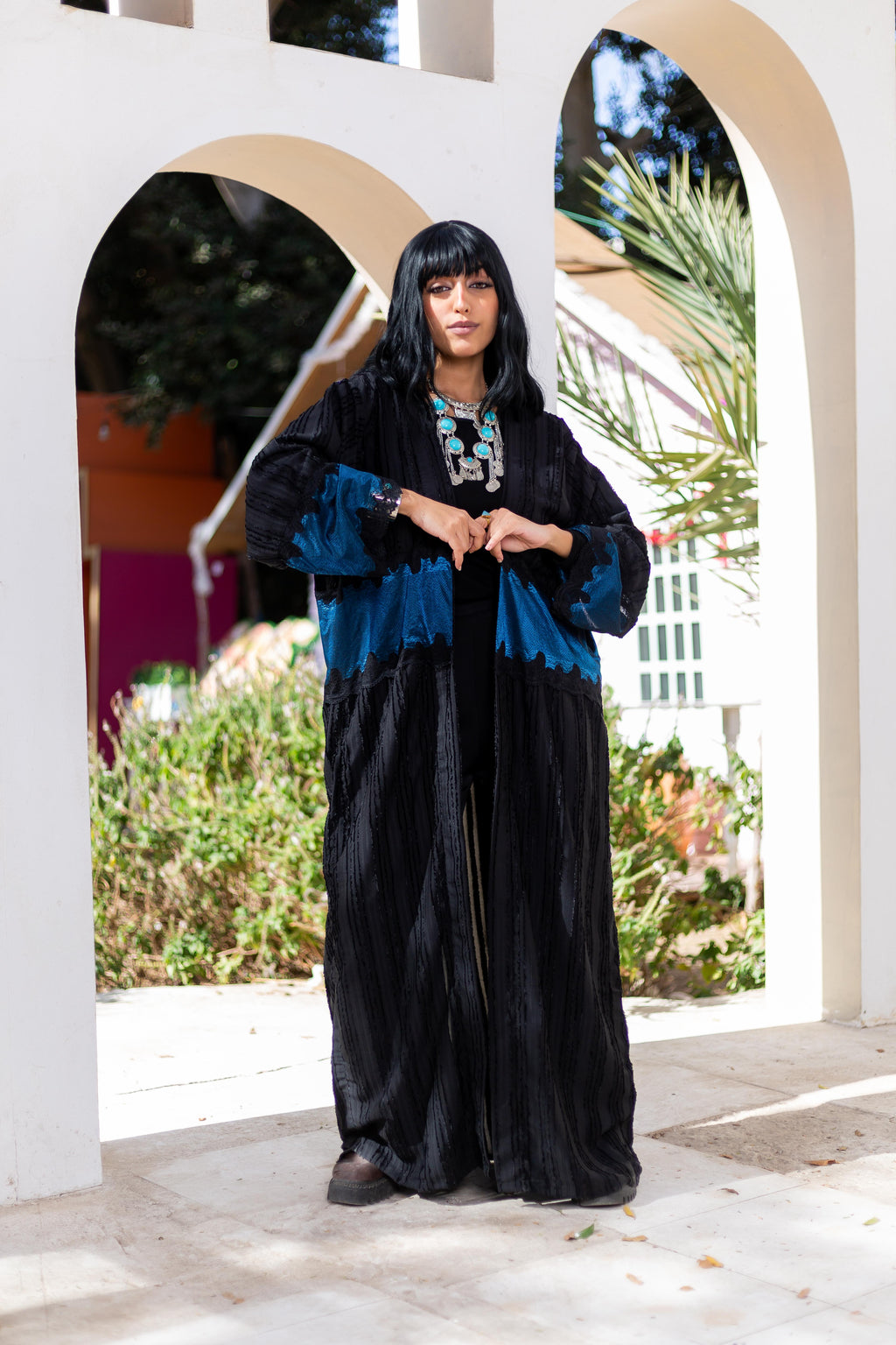 Black with Blue Kaftan by Debaj, elegant women’s kaftan