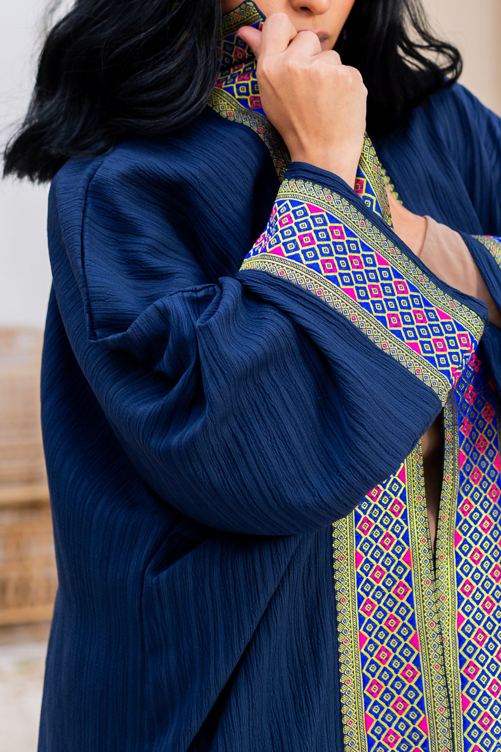 Navy Kaftan 2 detail view from Debaj women’s kaftan collection