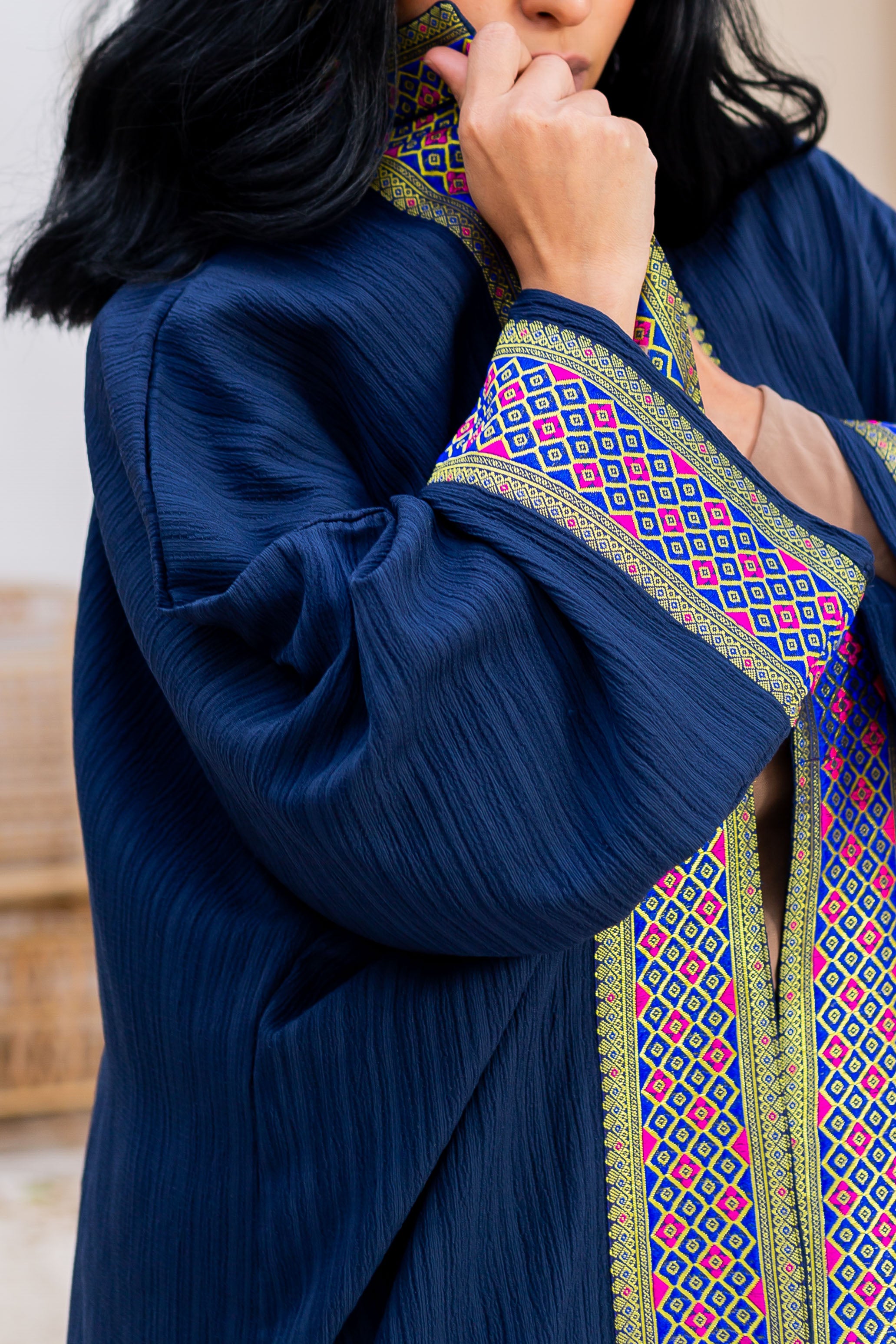 Navy Kaftan 2 detail view from Debaj women’s kaftan collection