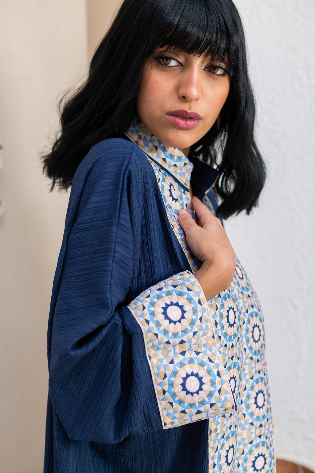 Navy Kaftan detail view from Debaj women’s kaftan collection