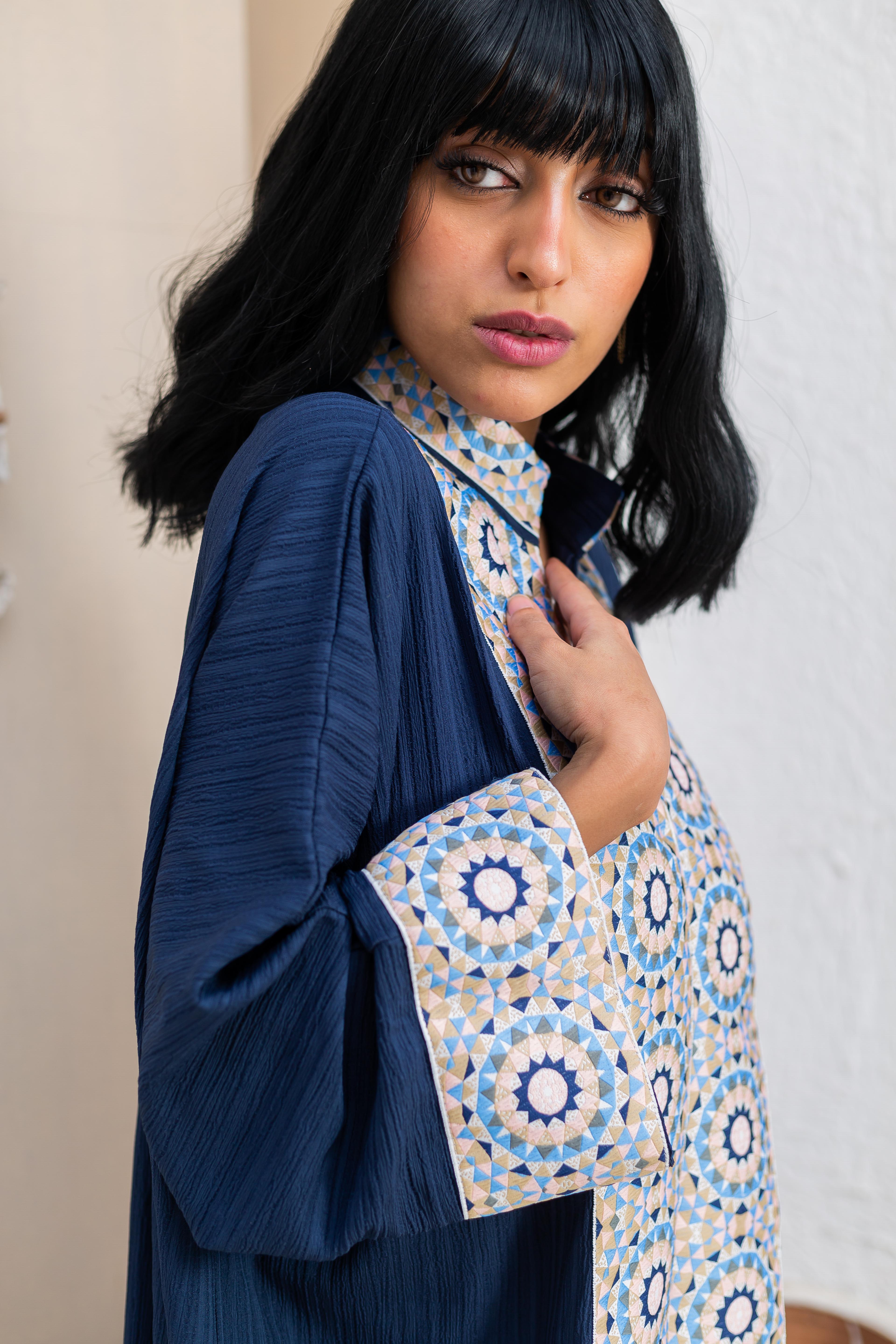 Navy Kaftan detail view from Debaj women’s kaftan collection