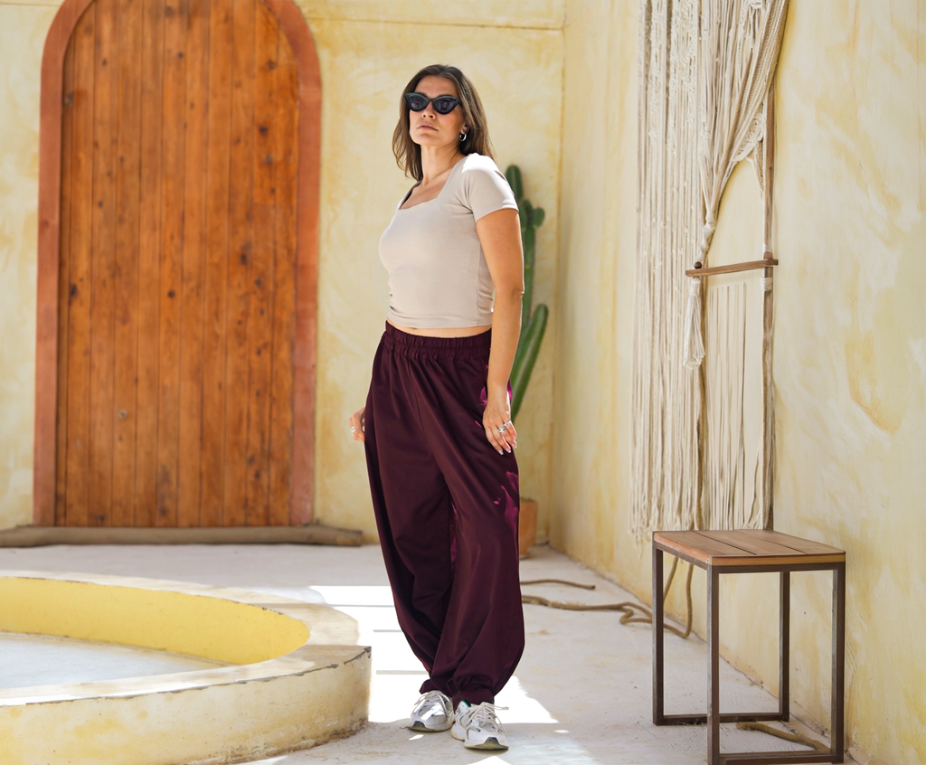 Burgundy Ballon Pants detail view from Debaj women’s bottoms collection