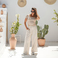 Linen Beige Wide Leg Pants by Debaj, elegant women’s bottoms