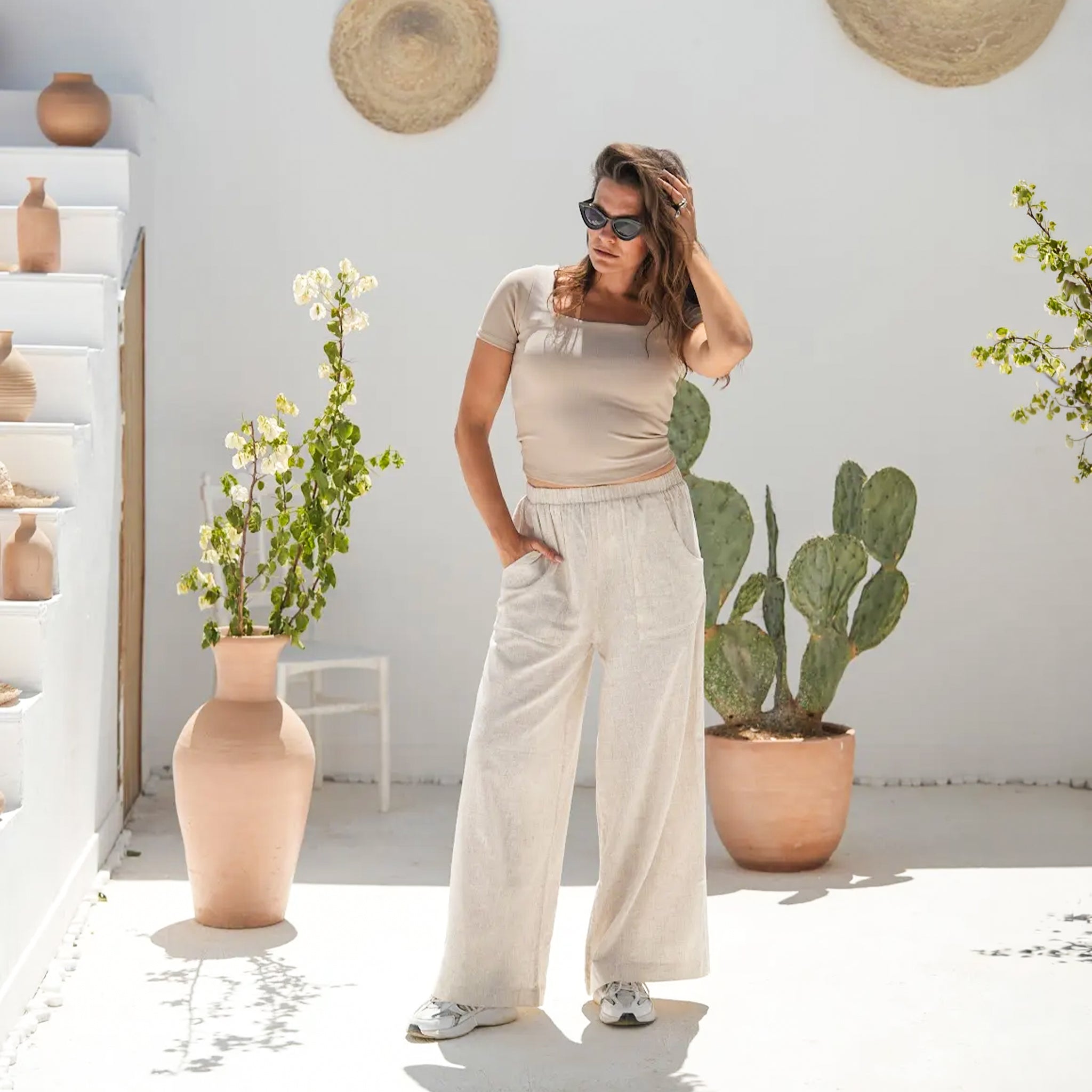 Linen Beige Wide Leg Pants by Debaj, elegant women’s bottoms