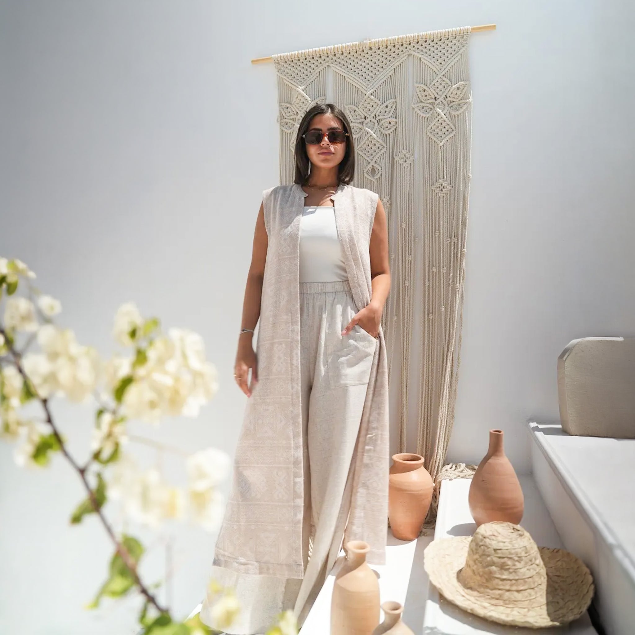 Cut Printed Linen Set by Debaj, elegant women’s clothing set