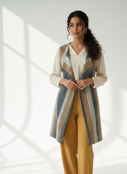 Blue & Brown Wool Vest by Debaj, elegant women’s top