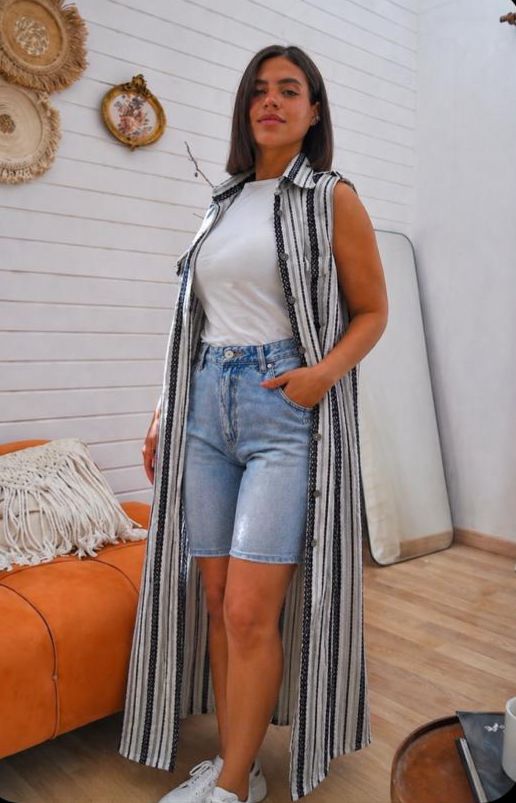Navy Stripped Linen Cardigen by Debaj, elegant women’s top