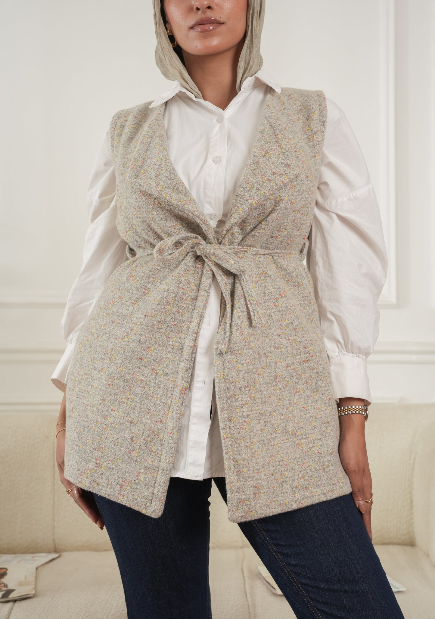 Grey Wool Vest detail view from Debaj women’s top collection