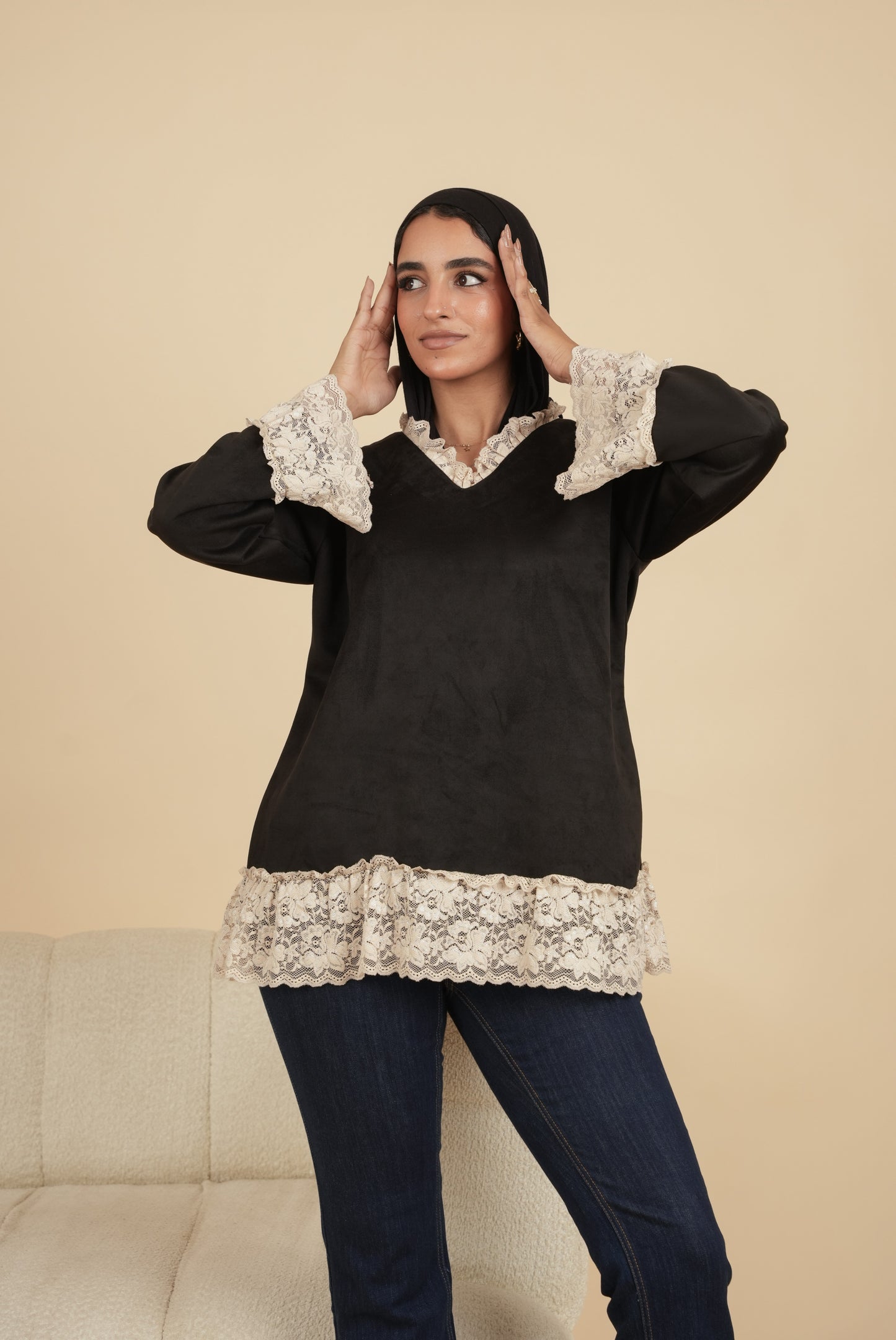 Debaj Suede Blouse with Lace styled for refined women’s outfits
