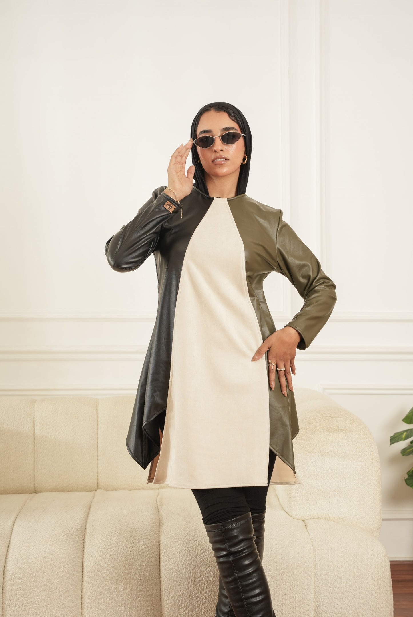 Debaj Two Tone Leather Dress 1 showing fabric, fit, and styling details