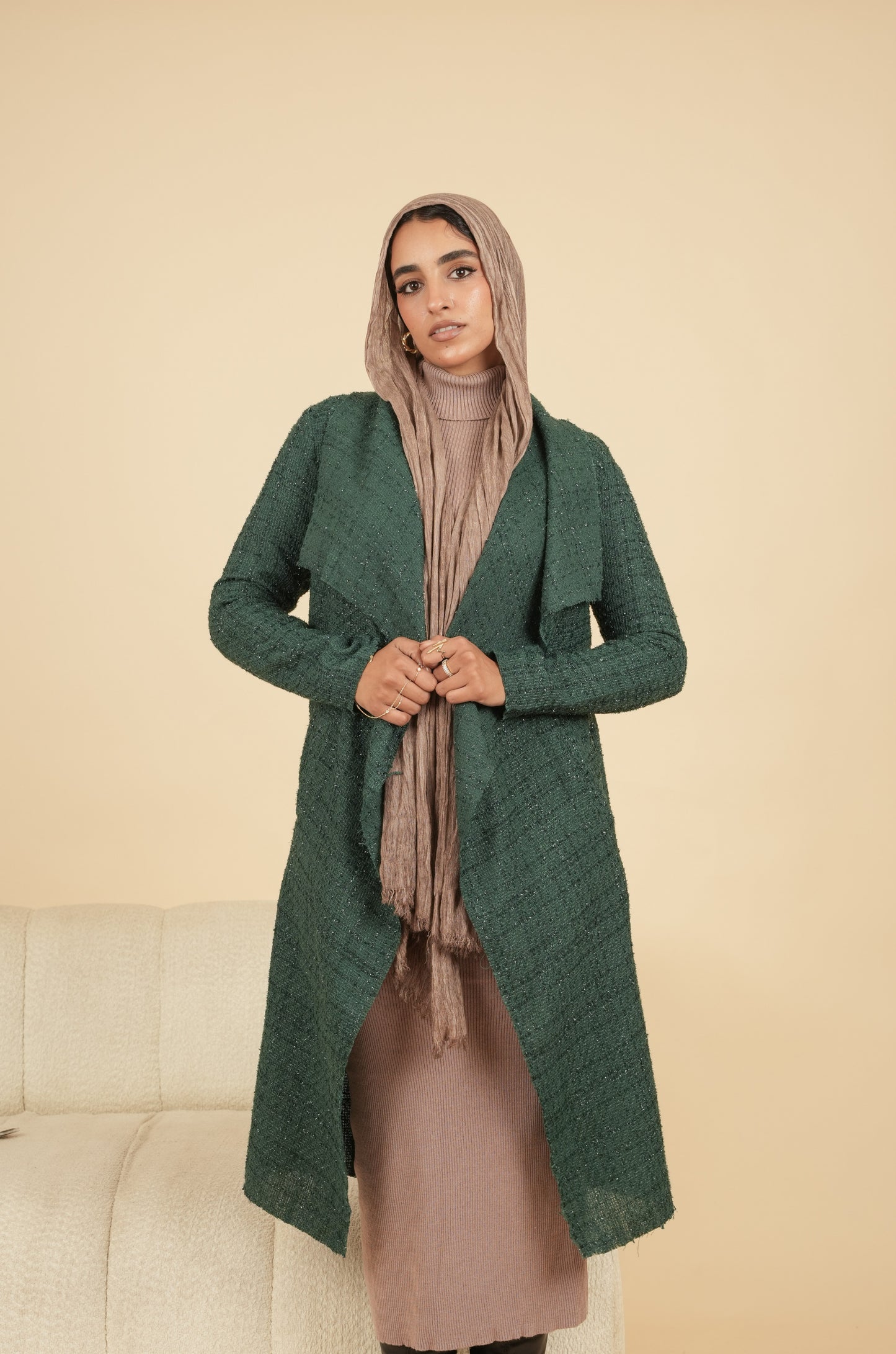 Debaj Olive Cardigan styled for refined women’s outfits
