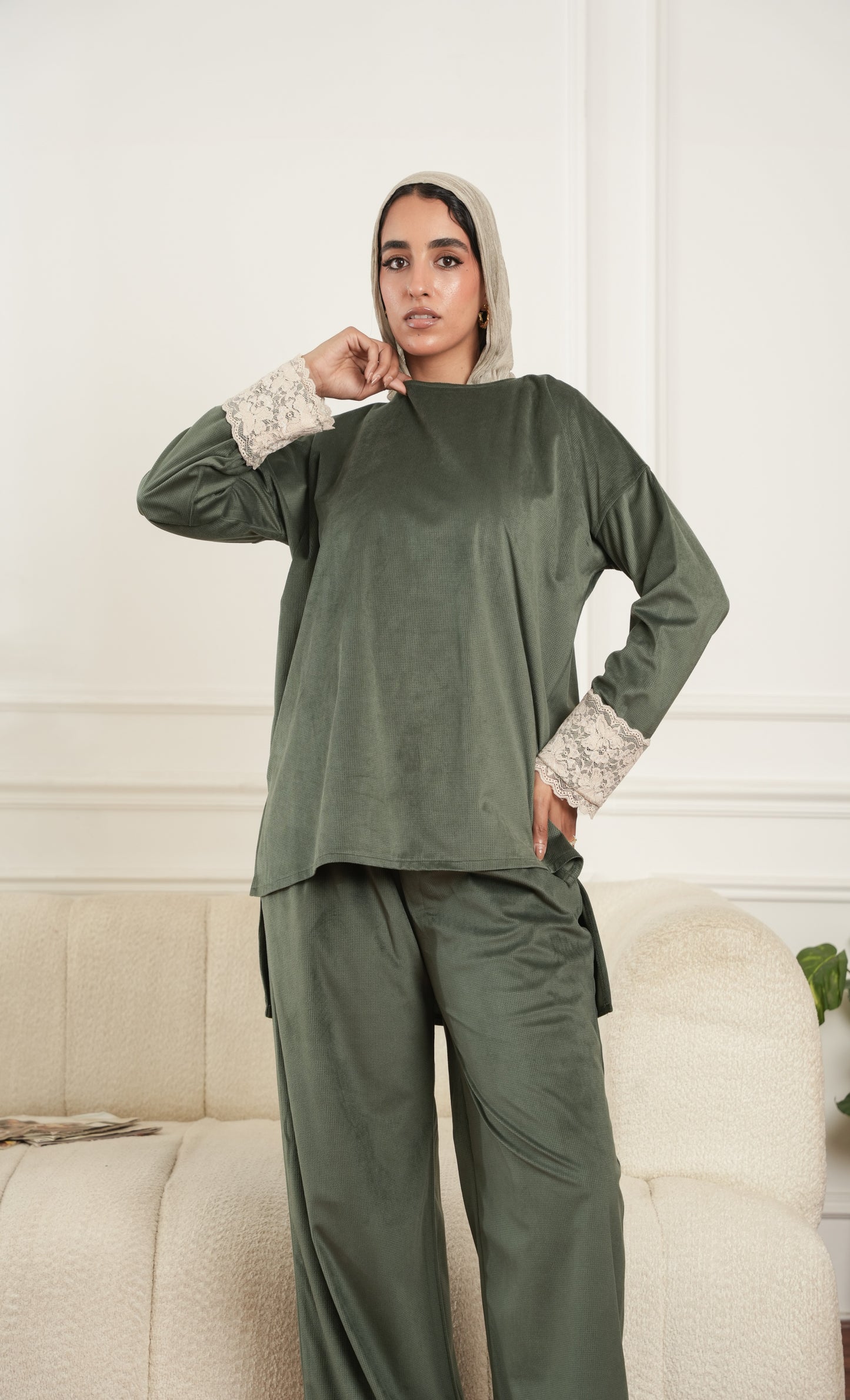 Olive Set with Lace detail view from Debaj women’s clothing set collection
