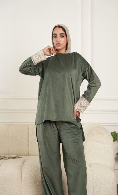 Olive Set with Lace detail view from Debaj women’s clothing set collection